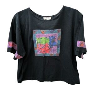 SILKSCAPES Vtg XL Handpainted Art To Wear CATS Boxy Crop Patchwork Tee 80s 90s